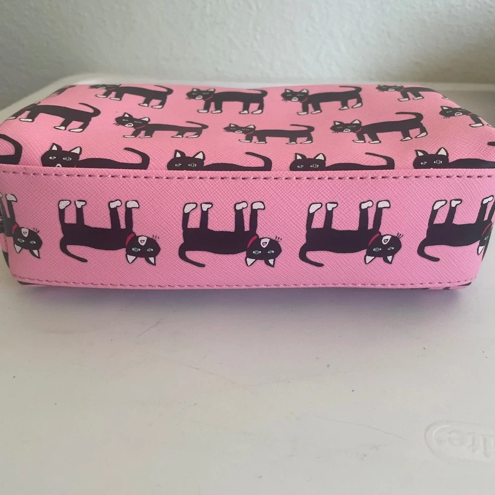 Marc Tetro Black Cat Zip Cosmetic Bag Pouch‎ Pink All Over vegan leather